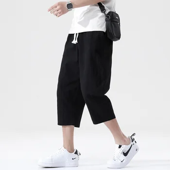 Moda Rahat Pantolon Erkek Keten Gevşek Pantolon Kore Tarzı Eğilim Dokuz noktalı Düz Pantolon Nefes ve Rahat 6 Renkler
