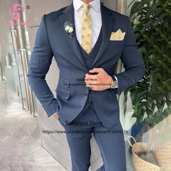 Moda Slim Fit Takım Elbise Erkekler İçin 3 Parça Ceket Yelek pantolon seti Erkek İş Blazer Resmi Ofis Damat Düğün Çentik Yaka Smokin