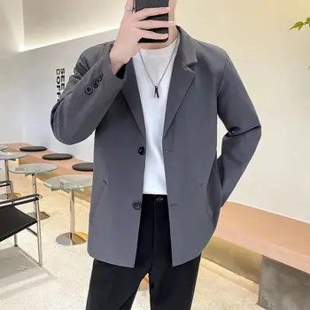 Moda Yeni Erkek Blazer Kore Tarzı Düz Renk Streetwear Yaka Uzun Kollu Casual Slim Fit Takım Elbise Düğmesi Erkek İnce Ceketler
