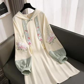 Nakış Dikiş Hanfu Kadın Sonbahar Çin Tarzı Cheongsam Geliştirilmiş Uzun Kollu Kazak Elbise Hoodies Han Eleman Elbise