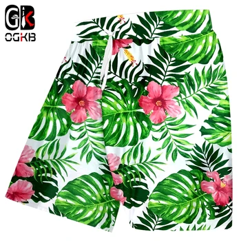 OGKB 3D Muz Yaprağı Baskılı Yeşil Şort erkek Yaz Hawaii Plaj Tarzı erkek Rahat plaj pantolonları.