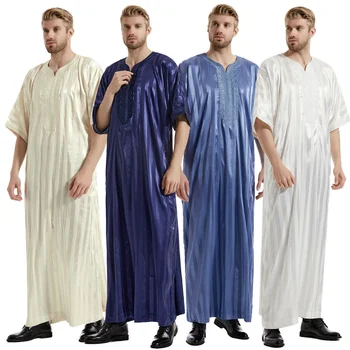 Orta Doğu Müslüman Rahat Erkek Çizgili Nakış Thobe Moda İslam Arap Erkek Kısa Kollu Uzun Gömlek Gevşek Elbise Jibbah