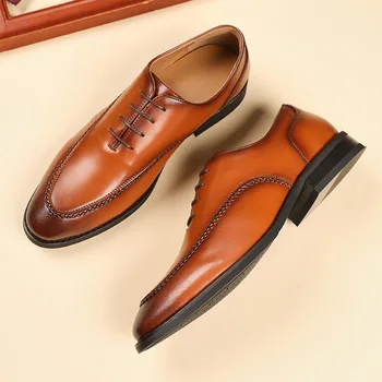 Oxford deri ayakkabı erkek Kahverengi İş deri ayakkabı İngiliz Resmi Ayakkabı Düğün Ayakkabı Sivri Lace Up erkek ayakkabıları
