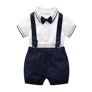 Pamuk Yenidoğan Bebek Erkek Giysileri Set Yaz Yumuşak Yürüyor Boy Beyaz Yay Romper + Önlük Şort Bebek Çocuk Kıyafet Suit