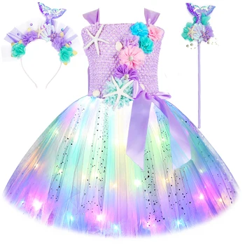 Parlak LED ışıkları Küçük Denizkızı Kostümleri Kızlar için Çiçekler Disney Prenses Elbiseler çocuklar için Doğum Günü Cadılar Bayramı Tutuş Kıyafet