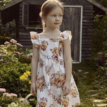PatPat Toddler Kız Çiçek Baskı / %100 Pamuk Düğme Tasarım Kolsuz Elbise