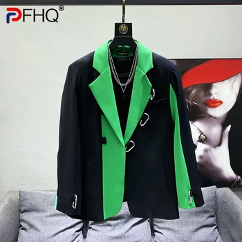 PFHQ Metal Düğme Tasarım Takım Elbise Ceket erkek Kore Şık Gevşek Renk Kontrast Patchwork Kişilik Ceket Blazer Moda 2023 Yeni