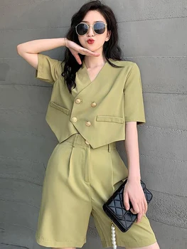 Rahat kısa pantolon Kadın Takım Elbise Yaka Kruvaze Mahsul Bluz 2 Parça Setleri 2023 İlkbahar Yaz Şık Ofis Bayan Gömlek Kıyafet