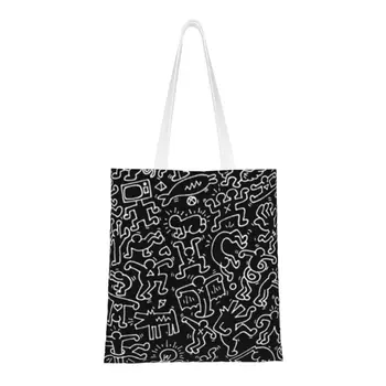 Rap Pop Haring Dansçılar Geometrik Graffiti Keiths Bakkal alışveriş çantası Tuval alışveriş çantası omuzdan askili çanta Yıkanabilir Çanta