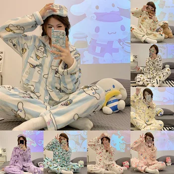 Sanrio Cinnamoroll Hellokitty Mymelody Kawaii Yeni kışlık pijama Kadın Karikatür Sevimli Kalınlaşmış Sıcak Ev Giysileri