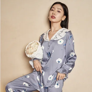 Seksi Dantel Yaka Pijama Pijama Kadın Bahar Tatlı Çiçek Baskı Pijama Uzun Kollu Pijama Kadın Seti Sabahlık Hırka Takım Elbise