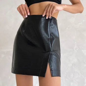 Seksi Yüksek Bel PU Deri Etekler Kadın Sonbahar Kış Siyah Bölünmüş Mini Etek Kadın Streetwear Yüksek Kaliteli Fermuar Bodycon Etek