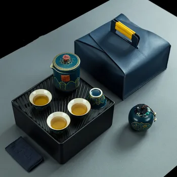 Seyahat Araba çay seti seramik demlik ve Fincan Seti Taşınabilir Bir Pot Dört Bardak Kung Fu çay seti Ev Ofis yeşil çay çay seti Çay Caddy