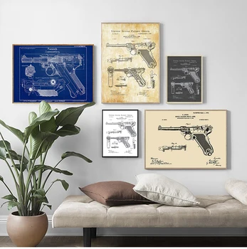 Silah Blueprint Luger Tabanca Patent Grafik Tuval Boyama Posterler Ve Baskılar Duvar Resimleri Için Oturma Odası Dekorasyon Ev Dekor