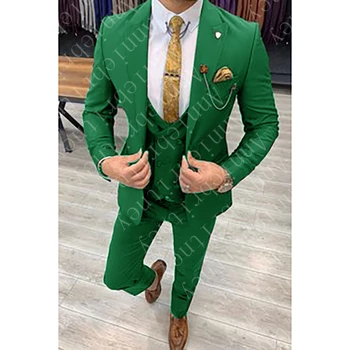 Slim Fit Casual Erkek Takım Elbise Yeşil 3 Parça Ceket Pantolon Yelek Yeni Moda Erkek Blazer Ismarlama Düğün Damat Smokin Yeni Varış