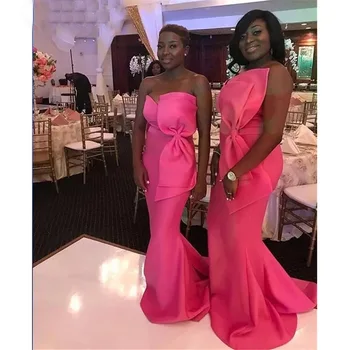 Sıcak Pembe Fuşya Mermaid gelinlik modelleri Siyah Kızlar için Afrika Kadınlar Uzun Örgün Törenlerinde Yay ile 2023 Düğün Parti Elbise