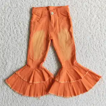 Sıcak Satış HİÇBİR MOQ RTS Kızlar Turuncu Denim Pantolon Çocuk Çift Çan Dipleri Pantolon Çocuklar Ağartılmış Kot