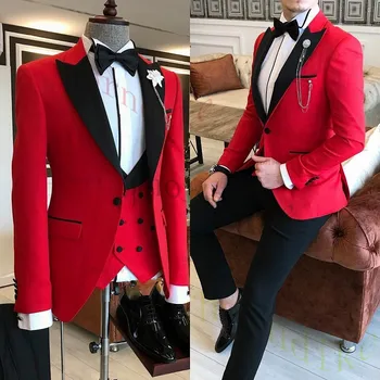 Thorndike Moda Kırmızı Smokin Düğün Terno Masculino Kostüm Homme Blazer Pantolon Yelek iş elbisesi Rahat Takım Elbise Damat