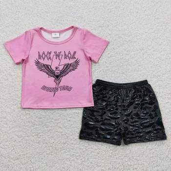 Toptan Bebek Kız Yaz Giyim Pembe Kısa Kollu Müzik Gömlek Siyah Deri Şort Çocuk Bebek Çocuk Seti pamuklu kıyafet