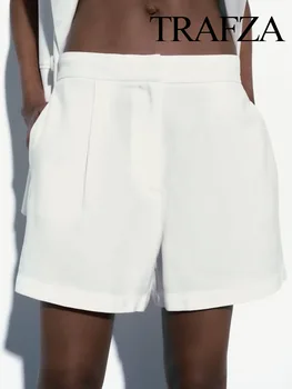 TRAFZA 2023 Yaz Takım Elbise Şort Kadın Yüksek Bel Geniş Bacak Şort Cepler Düğmeler Düz Renk Moda Rahat Sıcak Şort Takım Elbise