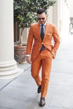 Turuncu Çentik Yaka İki Düğme Erkek Takım Elbise Özel homme moda blazer erkekler serin smokin yakışıklı (Ceket + Pantolon + Kravat + Mendiller)