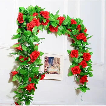 Ucuz 2.4 m Ipek Yapay Gül çiçek askılığı Dize Dize Asma Yeşil Yaprak Aile Düğün Bahçe Dekorasyon Asılı Çelenk Duvar
