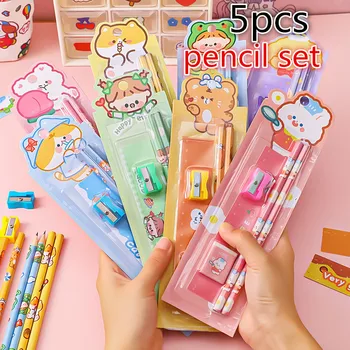 Ucuz Komik 5 adet Kawaii kurşun kalem silgisi Seti 2023 Okul Malzemeleri çocuk Kız Hediye Ödül Sevimli Çizim Hayvan Kırtasiye Takım Elbise