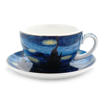 Van Gogh yıldızlı gökyüzü Avrupa tarzı küçük lüks kahve fincan ve tabak seti latte çekme fincan cappuccino öğleden sonra çay bardağı