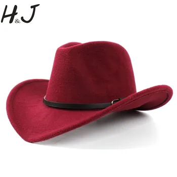 Vintage Yün kadın erkek Batı kovboy şapkası Beyefendi Bayan Kış Caz Cowgirl Geniş Ağız Kilise Fötr Şapka Kapaklar Boyutu 56-57CM