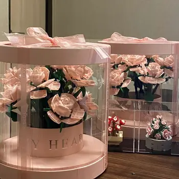 Yapı Taşları ile uyumlu Pembe gül buketi Holding Kova Ebedi Çiçekler El Yapımı Montaj Hediye Dekorasyon Girls'wedding