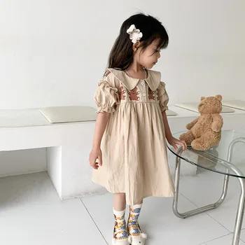 Yaz Karikatür Ayı Baskı kız elbisesi 2023 Yeni Bebek Kız sevimli bebek Yaka Kısa Kollu Rahat Gevşek Elbiseler WT844