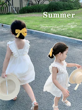 Yaz Kız moda Elbise 2023 Küçük Kızlar Parti İnce Tarzı Beyaz Prenses Elbiseler çocuklar Yürümeye Başlayan Kolsuz Backless Giyim
