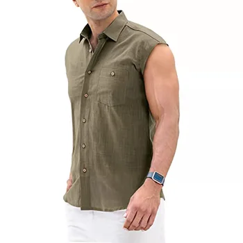 Yaz Yeni Erkek Gömlek Yeni Moda Kolsuz Katı Turn-aşağı Yaka düğmeli Keten Pamuklu Gömlek Tops Erkekler Harajuku Streetwear