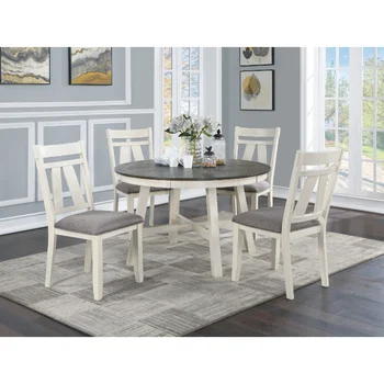 Yemek Odası mobilyası 5 adet yemek takımı Yuvarlak Masa ve 4x Yan Sandalyeler Gri Kumaş koltuk minderi Beyaz Temiz Çizgiler
