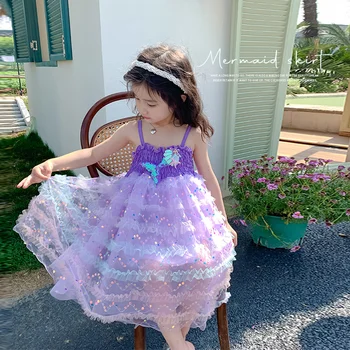 Yeni Kız Mermaid Elbise Çocuklar Payetli Tül Prenses Sling Elbiseler Bebek Kolsuz Kek Tutu Vestido Toddler Kız Parti Kostüm