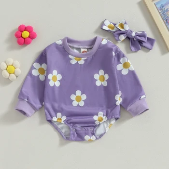 Yenidoğan Bebek Kız 2 adet Çiçek Tulum Güzel Uzun Kollu Kazak Tulumlar Kafa Bandı Bebek Pamuk Bodysuits Giysileri