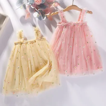 Yürüyor Çocuk Kız Papatya Elbise Bebek Kız Tül Prenses doğum günü partisi elbisesi Çiçek Yaz Kolsuz Plaj Tutu Elbise Vestidos