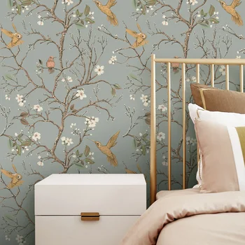 Çiçekler Kuşlar Yeşil Bitkiler Kendinden yapışkanlı duvar kağıdı Oturma Odası Arka Plan Dönüşüm Rulo Duvar Kağıdı Yatak Odası Duvar Sticker