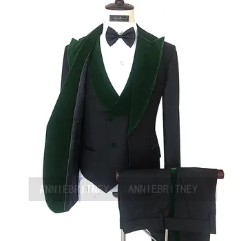 Özel Erkek Takım Elbise Siyah Koyu Yeşil Kadife Slim Fit En Iyi Yapılmış Damat Evlilik Düğün Smokin Blazer Yelek Pantolon 3 Adet