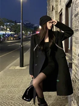Şık Siyah Yün Ceket Kadın Sonbahar Kış 2022 Yeni Ceket Midi Moda Kapitone Giyim Kore Retro Ofis Bayan Kadın Giyim