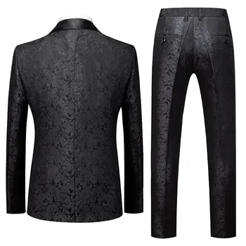 Erkek Takım Elbise 3 Adet Jakarlı Kumaş Bir Düğme Siyah Yaka İş Slim Fit Düğün Akşam Ev Sahibi Takım Elbise Ceket Yelek Pantolon