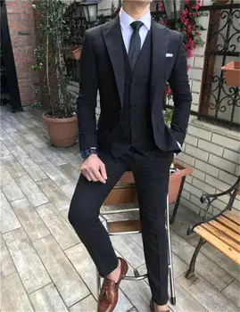 Moda Groomsmen Tepe Yaka Damat Smokin Erkek Takım Elbise Düğün Balo Blazer sigara masculino (Ceket + Pantolon + Kravat)