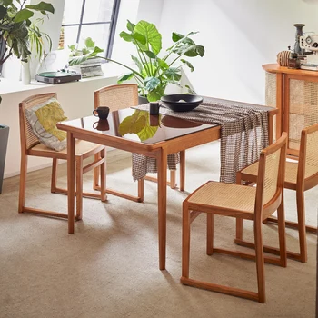 Katlanır masa Ev restoran rattan dokuma yemek masası İskandinav minimalist modern küçük birim dikdörtgen katı ahşap yemek masası