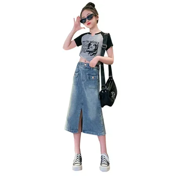 Kızlar Etek Seti Yaz Kısa Kollu Baskı T-shirt Düzensiz Etek İki Adet Takım Elbise Çocuklar için Kıyafetler Genç 10 12 13 yıl