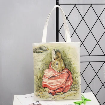 Sevimli Tavşan Aile Baskılı Alışveriş Karikatür Tote Çanta Kadın Harajuku Alışveriş Çantası Kız Omuz alışveriş çantası Bayan Kanvas çanta