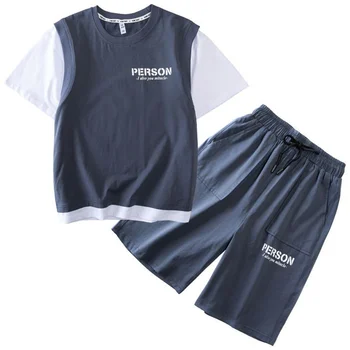 2 adet Erkek Giysileri Set Yaz Çocuklar Kısa Kollu Kapşonlu Tops Sahte İki Şort Rahat gevşek Kıyafetler Pantolon ile Set Erkek Giyim için