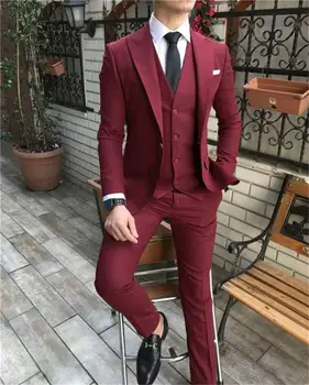 Moda Groomsmen Tepe Yaka Damat Smokin Erkek Takım Elbise Düğün Balo Blazer sigara masculino (Ceket + Pantolon + Kravat)